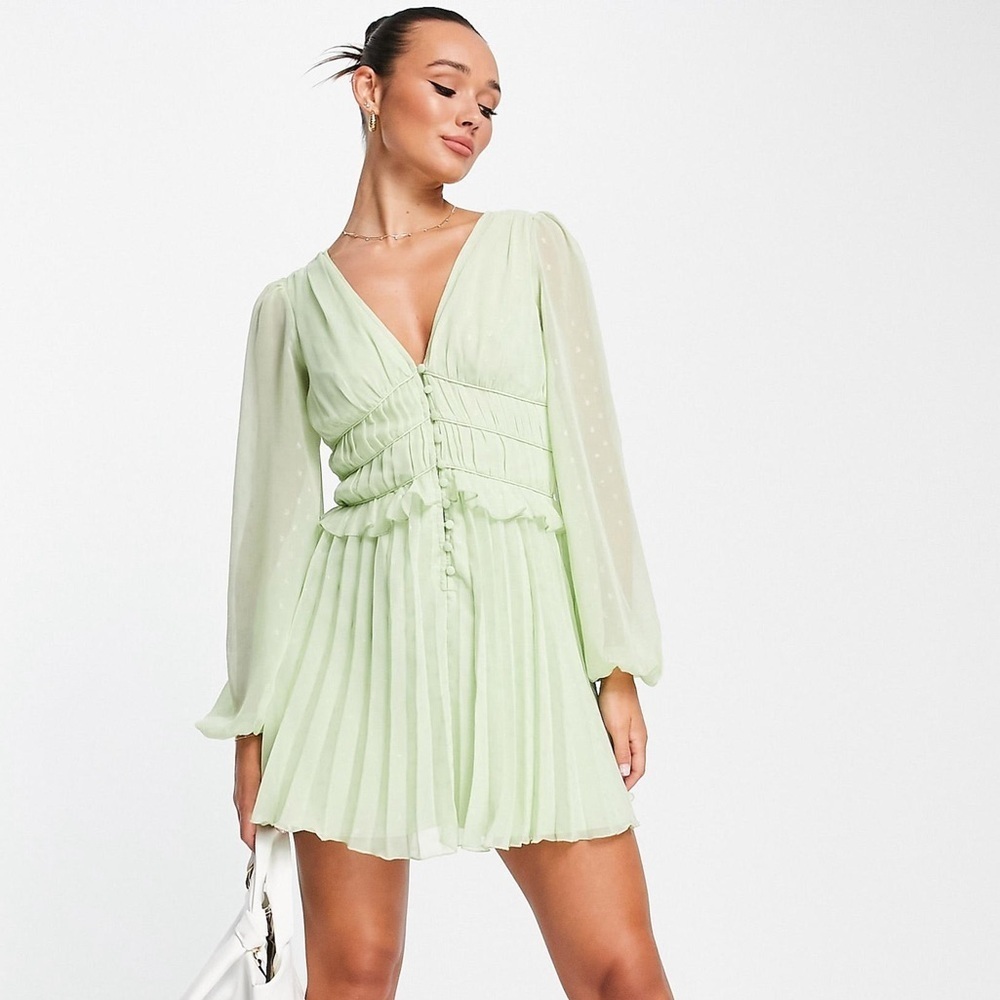 ASOS Sage Green Dobby Pleated Mini Dress Fairycore Forest Pixie Vibe NWT Size 4